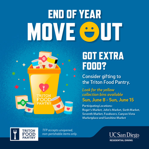 Want to donate non-perishable food to the Triton Food Pantry? June 8 through June 15, there will be yellow bins at all of the markets on Campus at UCSD where you can drop unexpired non-perishable food.